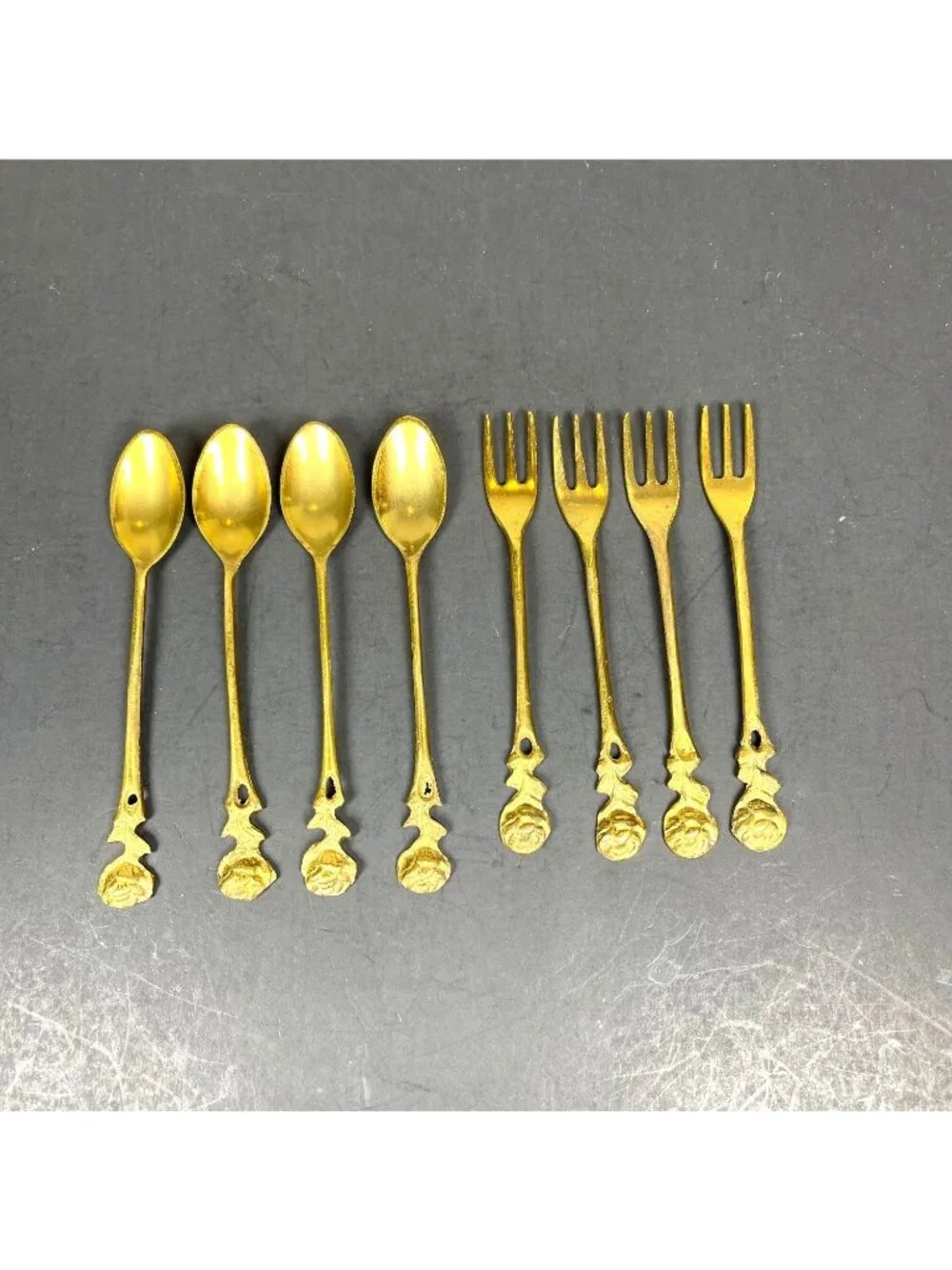 Vintage Gold Color Rose Handle Demitasse Coffee Spoon Dessert Salad Fork 8 pc